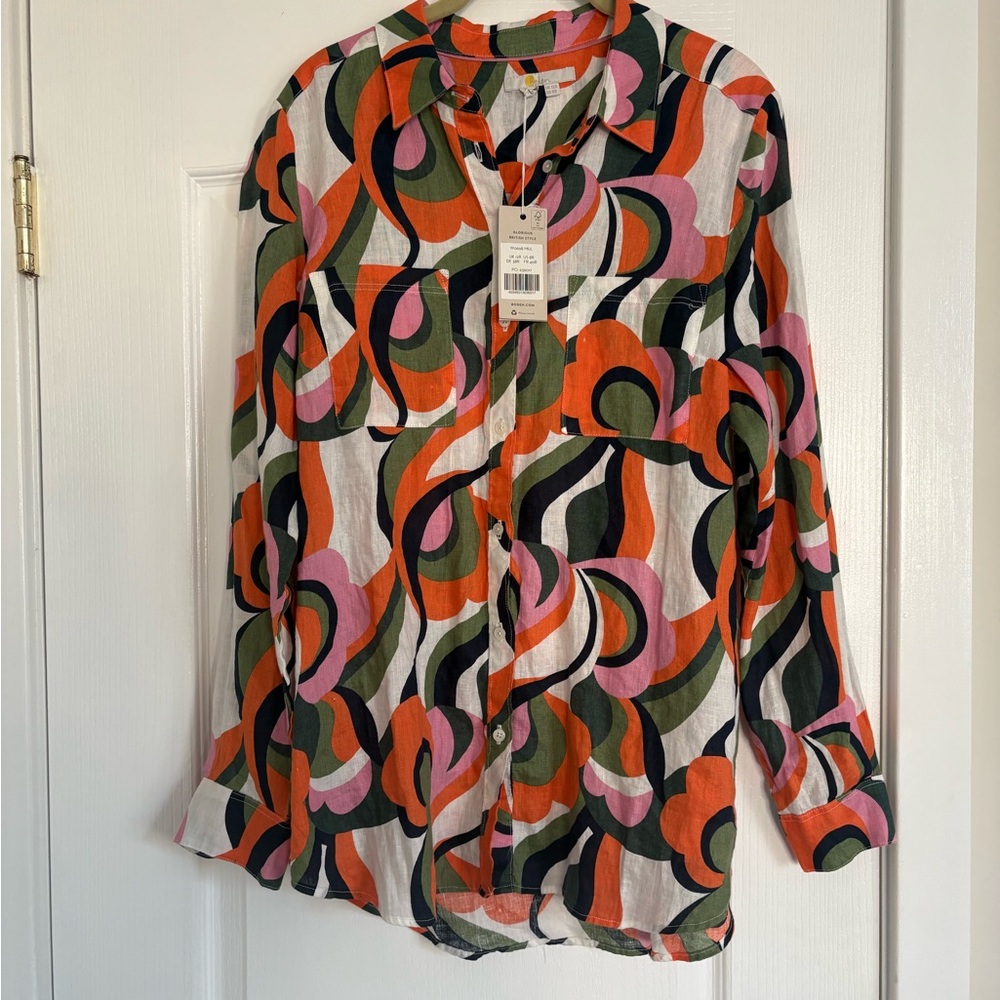 Boden shirt NWT sienna linen Retro Swirl Shirt in Orange, pink, green US 8